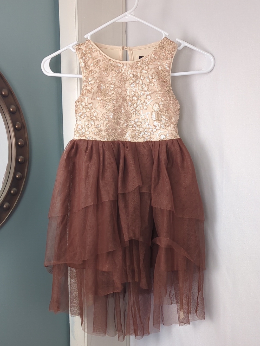 LILT Girls Gold Lace Sequin Bodice Brown Layered Tulle Party Dress